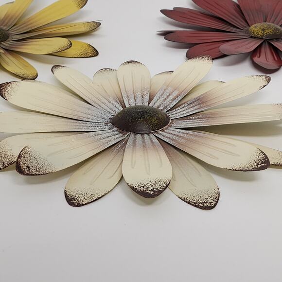 Set of 3 Metal Flower Wall Art - Whimsical Spring Decor in Cream, Red and Yellow - Picture 3 of 10
